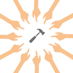 Viele Hände zeigen auf - Hammer