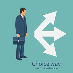 Choice way concept. Decision business metaphor. Vector illustration flat style design. Isolated on background. Businessman before choosing. Crossroads arrows. Decide direction.