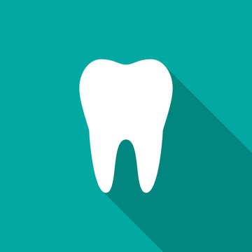 Tooth icon with long shadow. Flat design style. Tooth simple silhouette. Modern, minimalist icon in stylish colors. Web site page and mobile app design vector element.