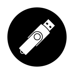 USB flash drive circle icon. Black, round, minimalist icon isolated on white background. USB flash drive simple silhouette. Web site page and mobile app design vector element.