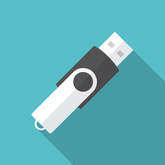 USB flash drive icon with long shadow. Flat design style. USB flash drive simple silhouette. Modern, minimalist icon in stylish colors. Web site page and mobile app design vector element.