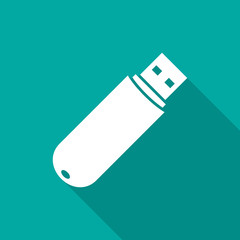 USB flash drive icon with long shadow. Flat design style. USB flash drive simple silhouette. Modern, minimalist icon in stylish colors. Web site page and mobile app design vector element.