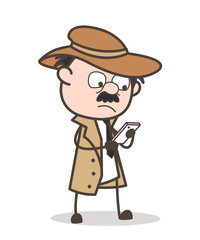 Obraz premium Cartoon Detective Reading Messages in Smartphone Vector Illustration