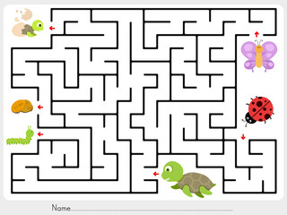 Maze game: Match animal, butterfly ladybug and turtle finding the baby - worksheet for education