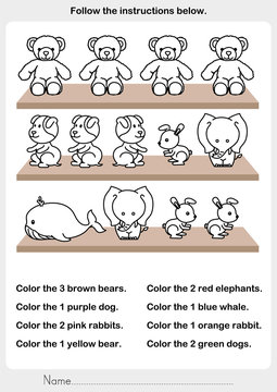 color the picture - stuffed animals on the shelf - worksheet for education
