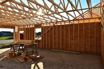 Wood framework of new home under construction.