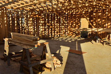 Wood framework of new home under construction.