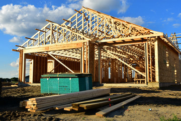 Wood framework of new home under construction.