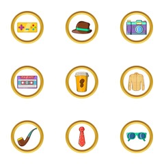 Hipster life icon set, cartoon style