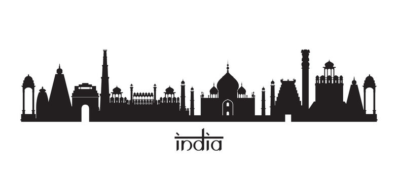 India Landmarks Skyline in Black and White Silhouette