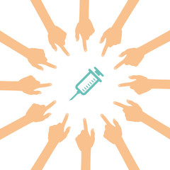 Viele Hände zeigen auf - Spritze