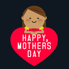 Happy smiling girl with pink heart. Happy mothers day card. Vector illustration