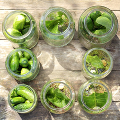 Obraz premium Rustic cooking recipe/ salting fresh cucumbers in jars with green leaves of horseradish, garlic and dill, top view