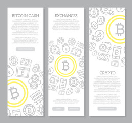 Set of three digital money and bitcoin vertical banners with seamless icon pattern. Vector illustration