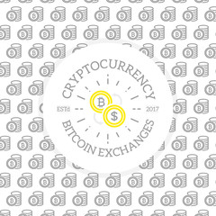 Unique digital money and bitcoin logo on seamless pattern with various icons and symbols vector illustration