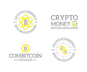 Unique retro vintage digital money and bitcoin, cryptocurrency logos or insignias, emblems, labels and badges and other branding objects. Vector line style