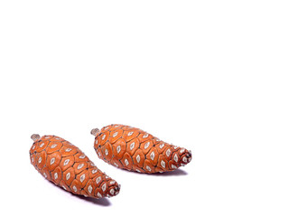Closed up a pair of bright color natural dry pine cones isolated on white background, with free space for design and text 