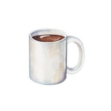 White coffee cup handdrawn illustration. Coffee in white cup watercolor painting on white background.