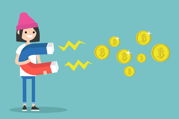 Young female character mining bitcoins with a huge magnet / flat editable vector illustration, clip art