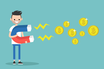 Young character mining bitcoins with a huge magnet / flat editable vector illustration, clip art