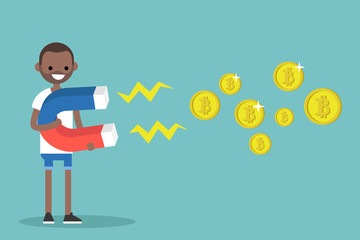 Young black character mining bitcoins with a huge magnet / flat editable vector illustration, clip art