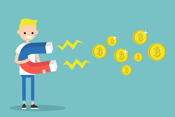 Young character mining bitcoins with a huge magnet / flat editable vector illustration, clip art
