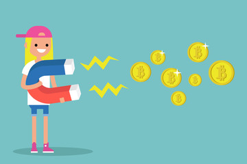 Young female character mining bitcoins with a huge magnet / flat editable vector illustration, clip art