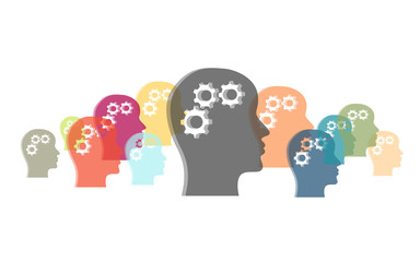 Viele bunte Köpfe mit Zahnrädern