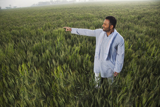 Indian man pointing at something while standing in a field 