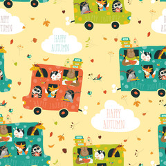 Animals seamless pattern traveling by bus