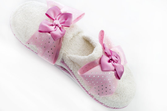 Pair of blank white home slippers. Bed shoes accessory footwear