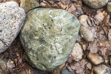 Close up of stones on a mountain river bank, colorful texture background, sunny summer day