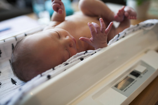 Close Up Of Newborn Baby Sleeping On Weight Scale In Hospital