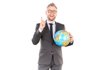 Portrait of middle-aged business person holding globe