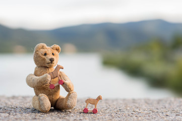 Little teddy bear plays with wooden toys