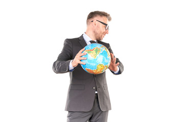 Fototapeta premium Portrait of middle-aged business person holding globe