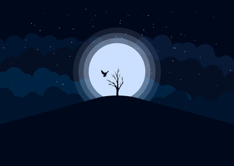 Vector Night View Flying Owl and Tree Background
