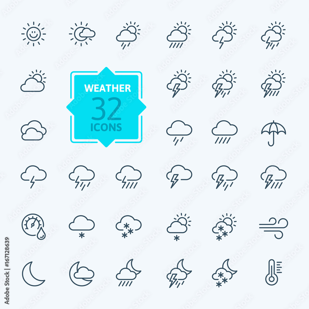 Wall mural weather forecast - outline web icon set, vector, thin line icons collection