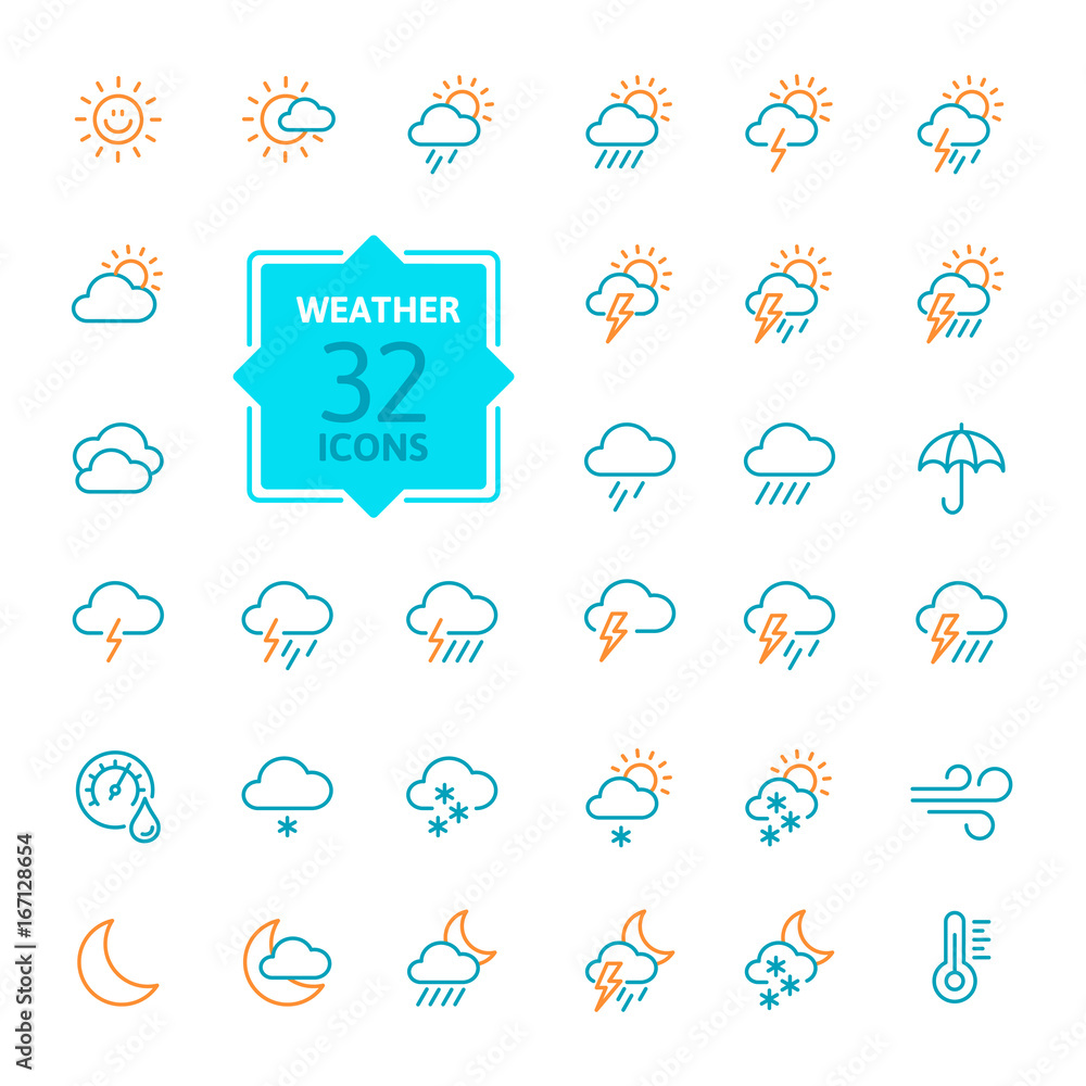 Wall mural weather forecast - outline web icon set, vector, thin line icons collection