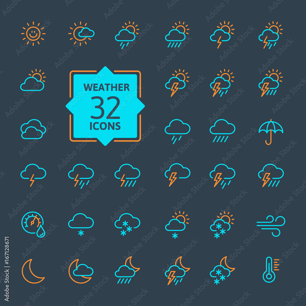 Sticker weather forecast - outline web icon set, vector, thin line icons collection