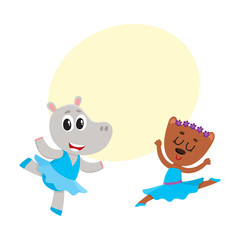 Obraz na płótnie Canvas Cute little hippo and bear puppy and kitten characters dancing ballet together, cartoon vector illustration with space for text. Little bear and hippo ballet dancers, ballerinas