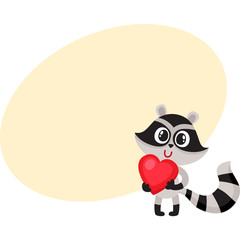 Cute raccoon character holding big red heart, sy,bol of love, cartoon vector illustration with space for text. Funny little raccoon with big red heart, front view, full length portrait