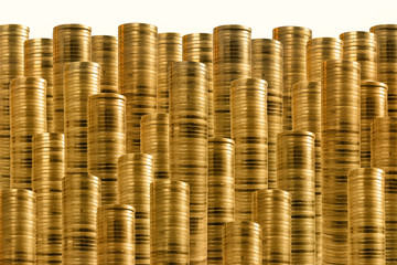 High rows of golden coins isolated on white. Lower decoration with money.