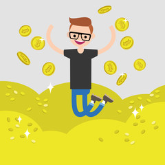 Young character mining bitcoins. Conceptual cartoon illustration, clip art