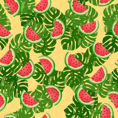 Abstract summer colored seamless patterns With tropical leaves and watermelons