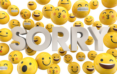 Set of emoji emoticon character faces with the word sorry, 3D Rendering