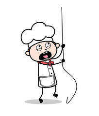 Cartoon Scared Chef Trying to Climb Rope Vector Illustration