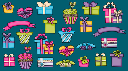 Presents and gift boxes cartoon doodle elements set. Hand drawn vector illustration.