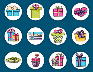 Presents and gift boxes cartoon doodle elements set. Hand drawn vector illustration.