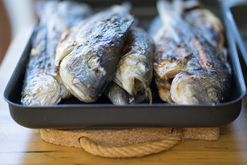 Tray of cooked (barbecued) Sea Bream